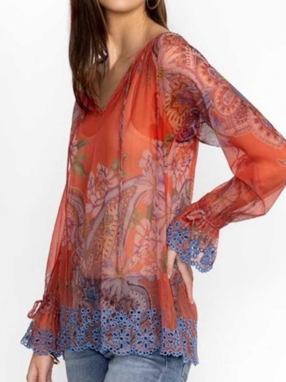 Johnny Was Biya Paisley Mesh Blouse Red Multicolor Sheer Embroidered Women Med